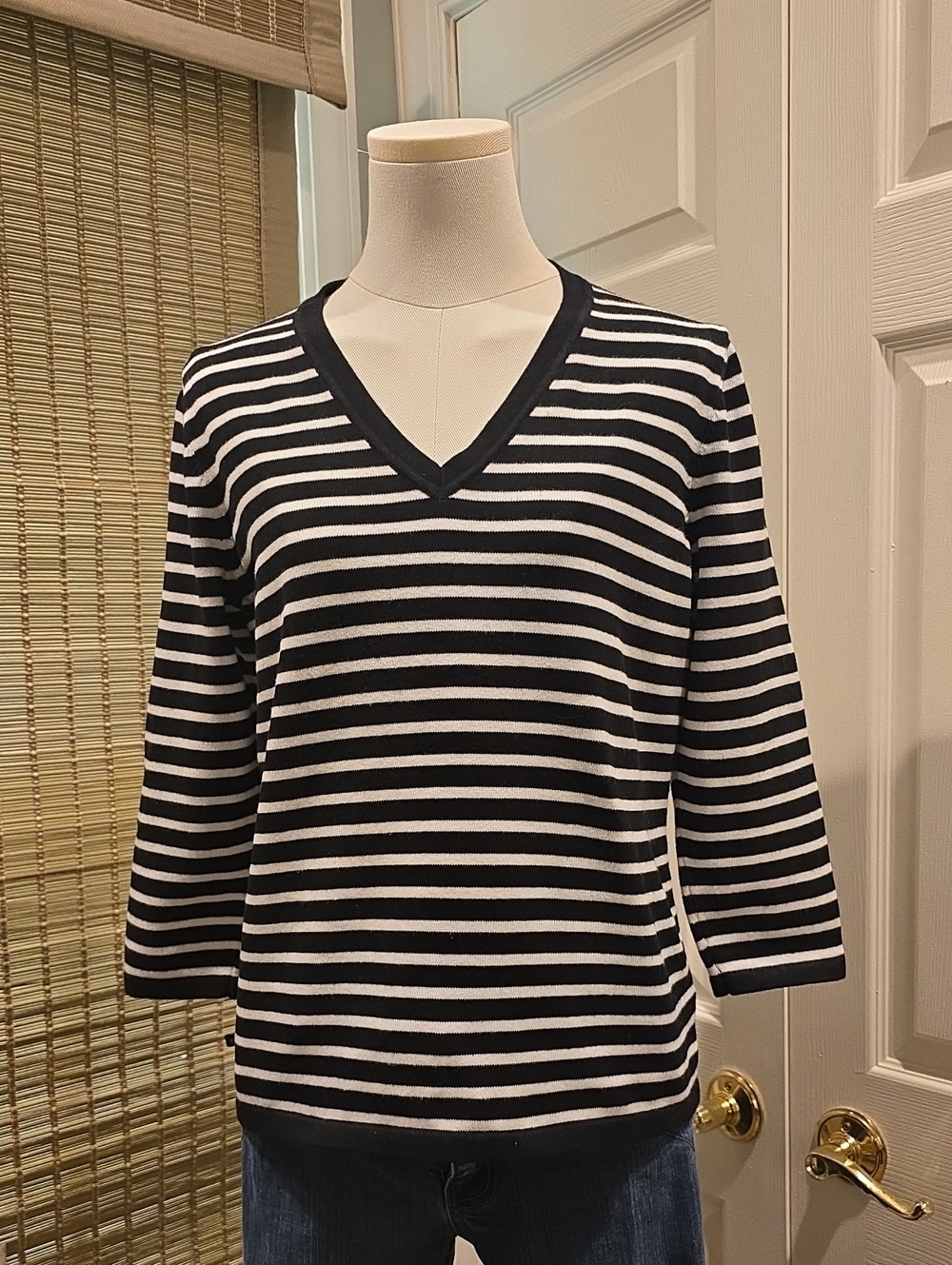 Lauren Ralph Lauren Black & White Striped V-Neck Sweater